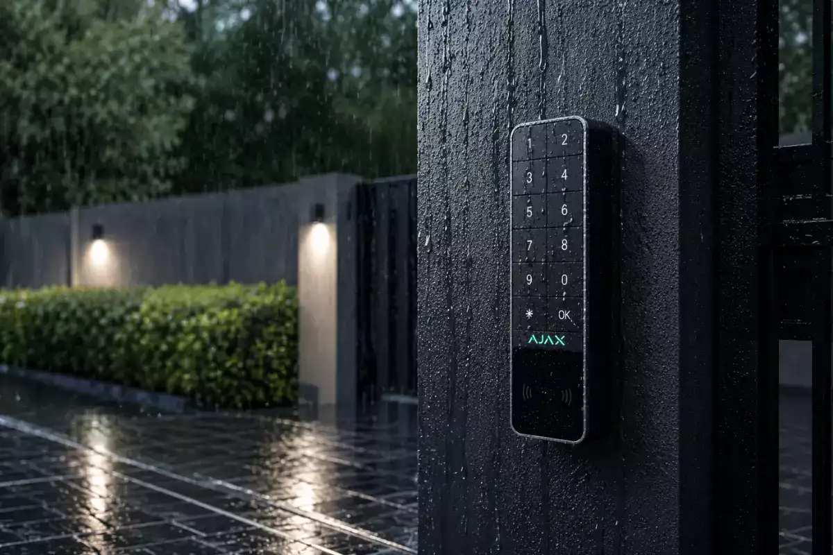 Boîtier extérieur robuste du clavier Ajax KeyPad Outdoor sous la pluie