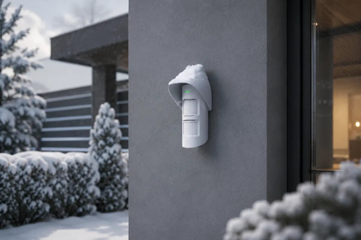 Casquette Ajax Hood protégeant un détecteur MotionProtect Outdoor de la neige