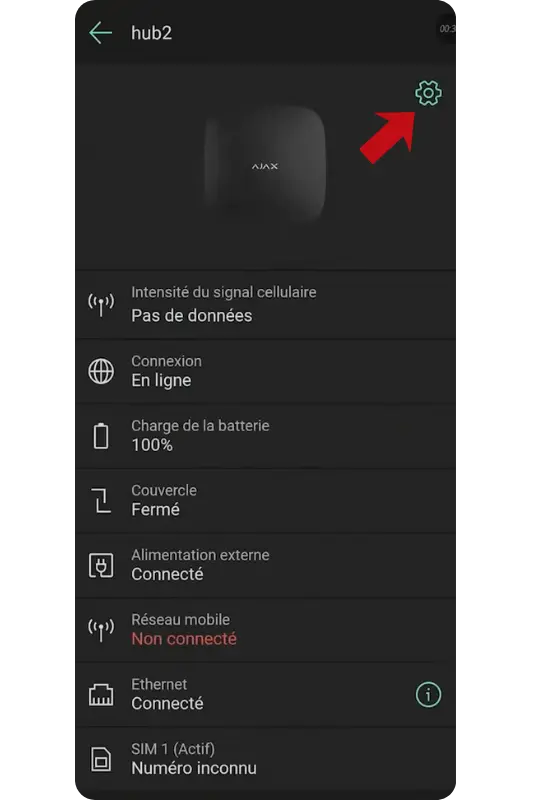 Installation carte sim M2M Surveillance360 2 Application Ajax : accès aux paramètres de la centrale via la roue crantée
