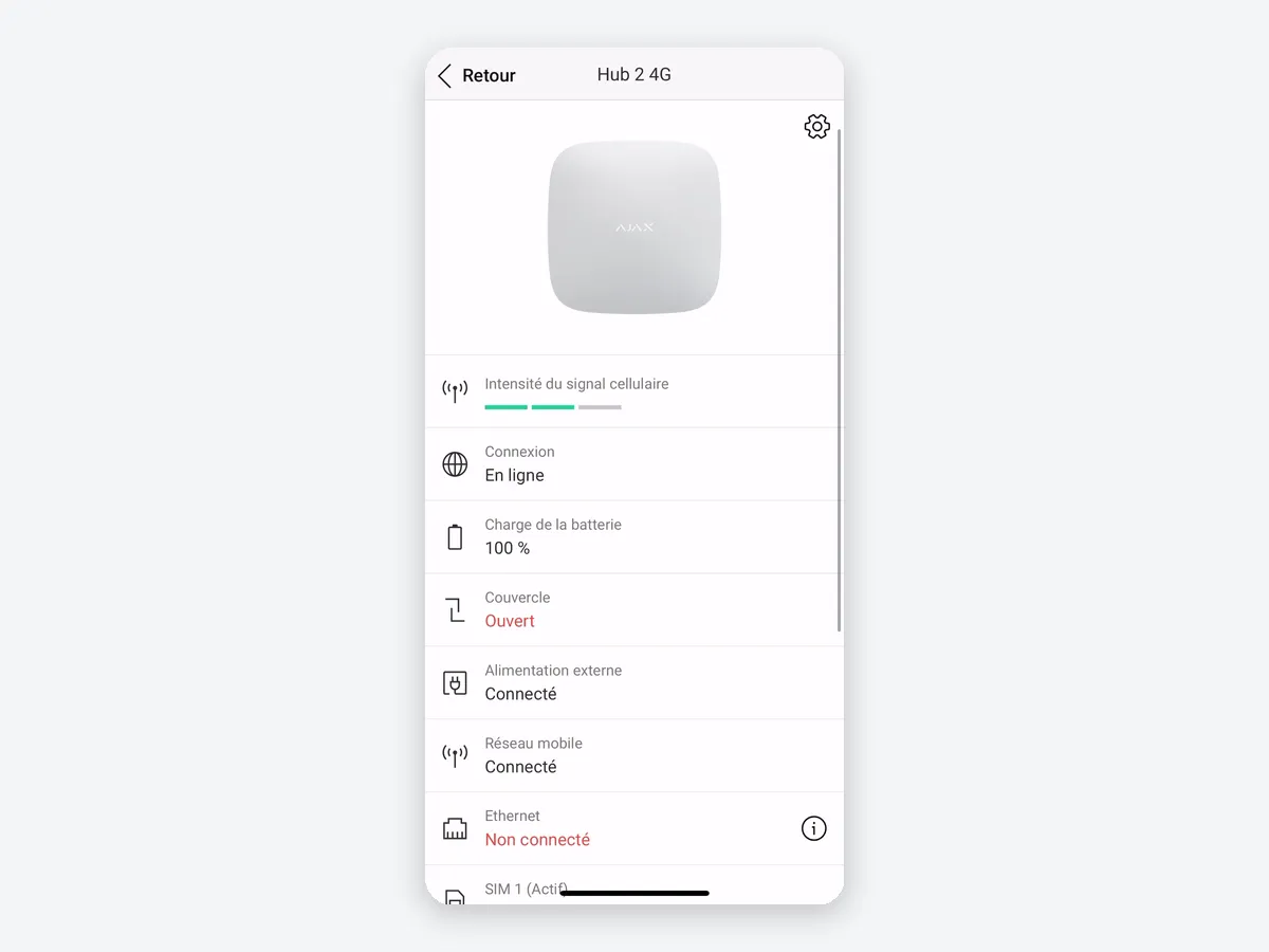 États de la centrale Hub 2 (4G) dans l'application Ajax : connexion, batterie, alimentation