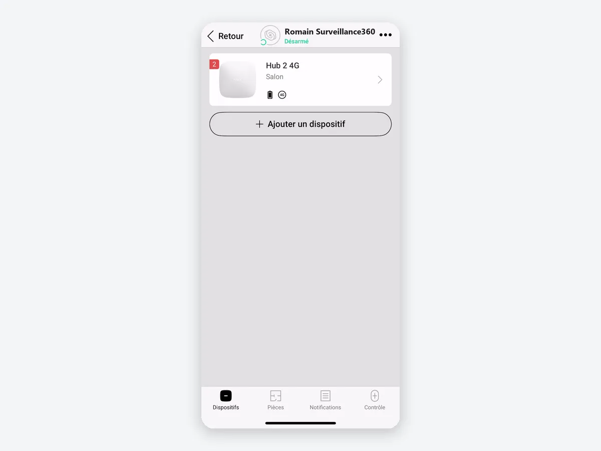 Centrale Hub 2 4G ajoutée dans l'onglet Dispositifs de l'application Ajax