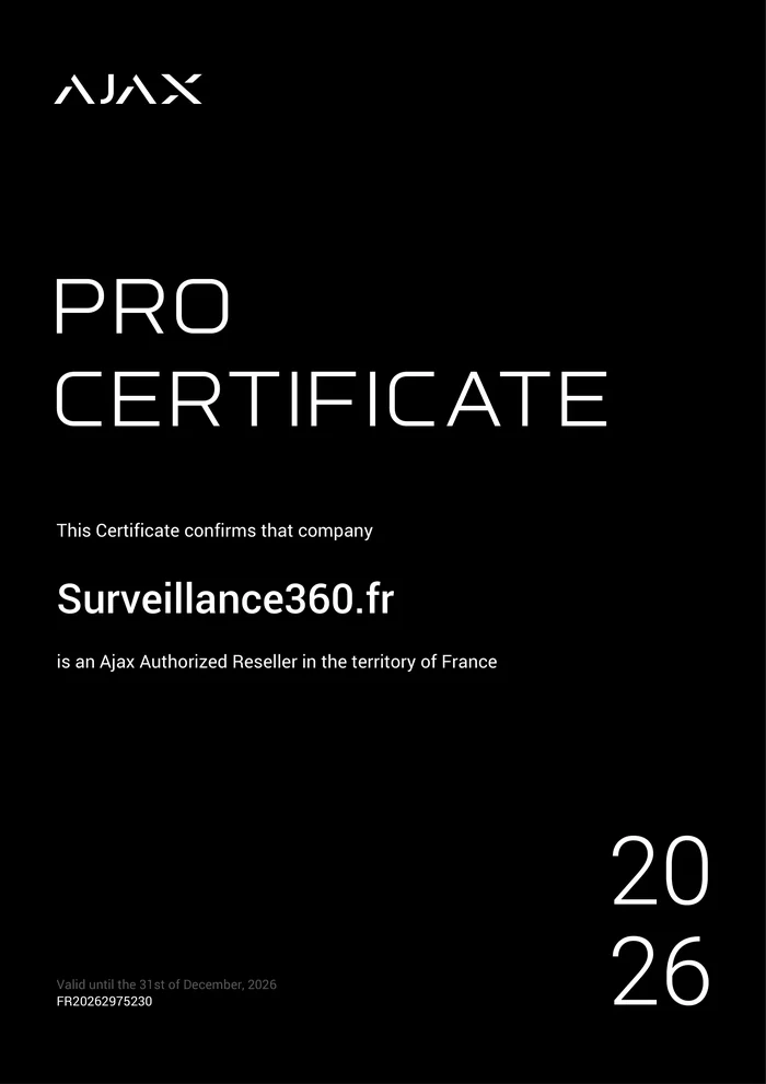 A propos de nous 2 Certificat Ajax Pro 2026 attestant que Surveillance360.fr est revendeur agréé Ajax en France